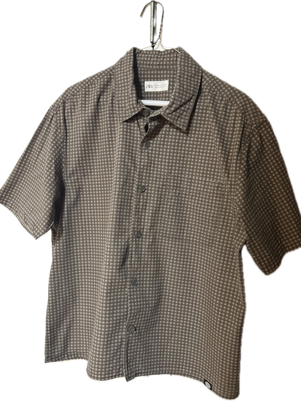 Zara Men Short Sleeve Taupe Check Button-Down Shirt